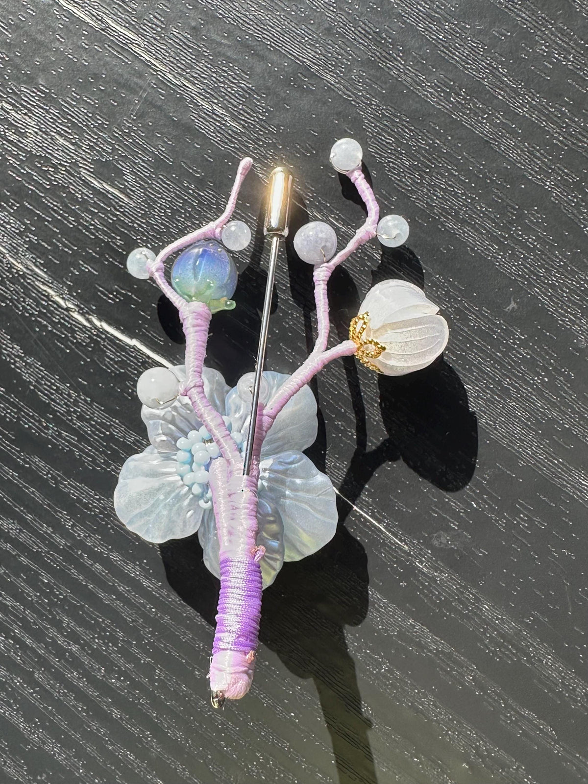 Handmade  brooch, Blue color acrylic beads and gemstone beads with silk thread