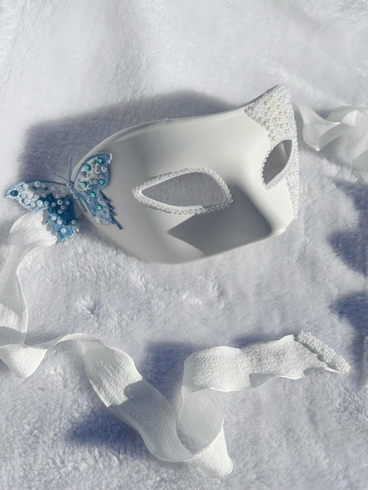 White Masquerade Mask with blue butterfly Venetian Style Mardi Gras Ball