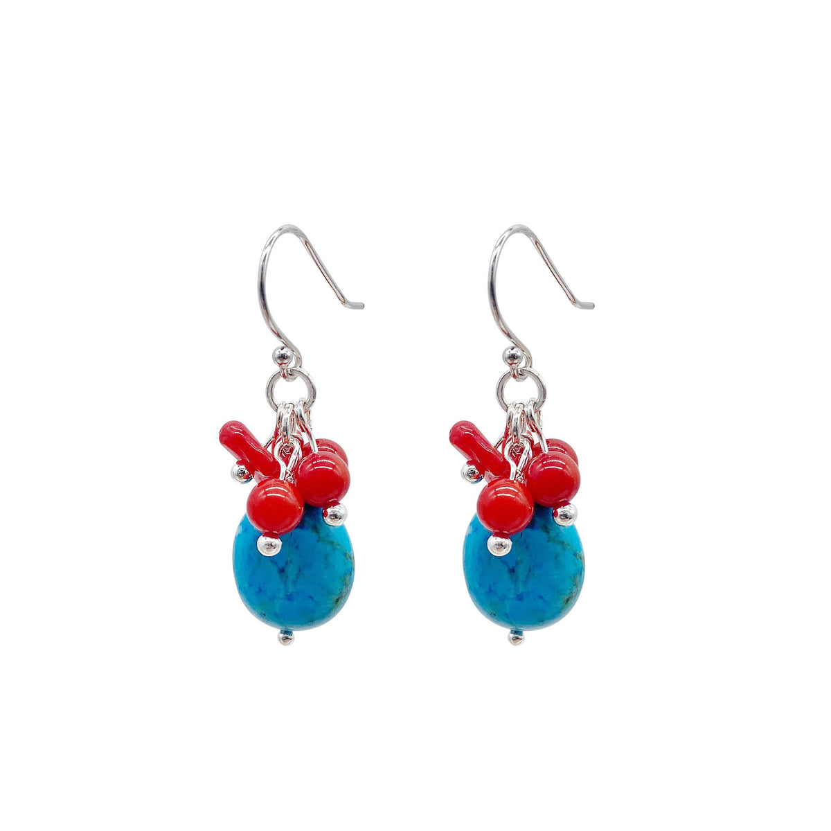 handmade earrings,  Dangle Earrings,  925 Sterling Silver  Hook with turquoise and red coral