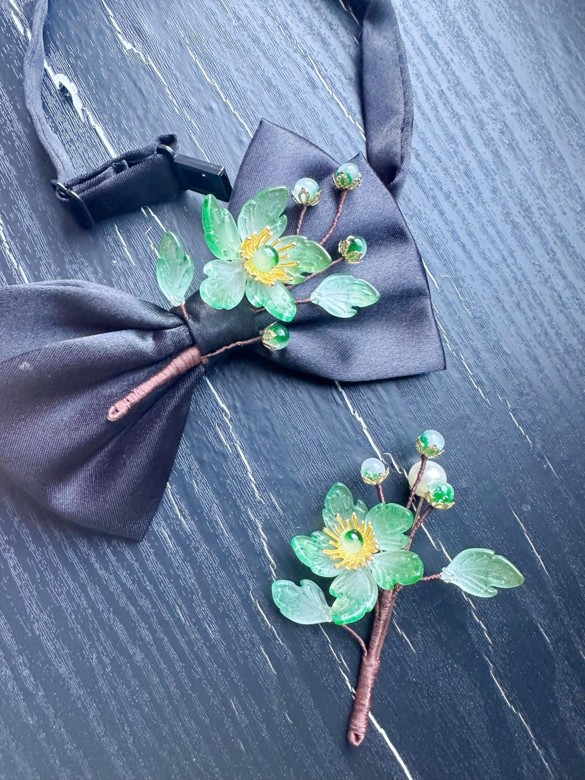 Handmade Bow Tie and brooch set for Women, Men,Boys – Black Satin Bow Tie flowers Blossom Branch – Asian Inspired Wedding Formal Accessory