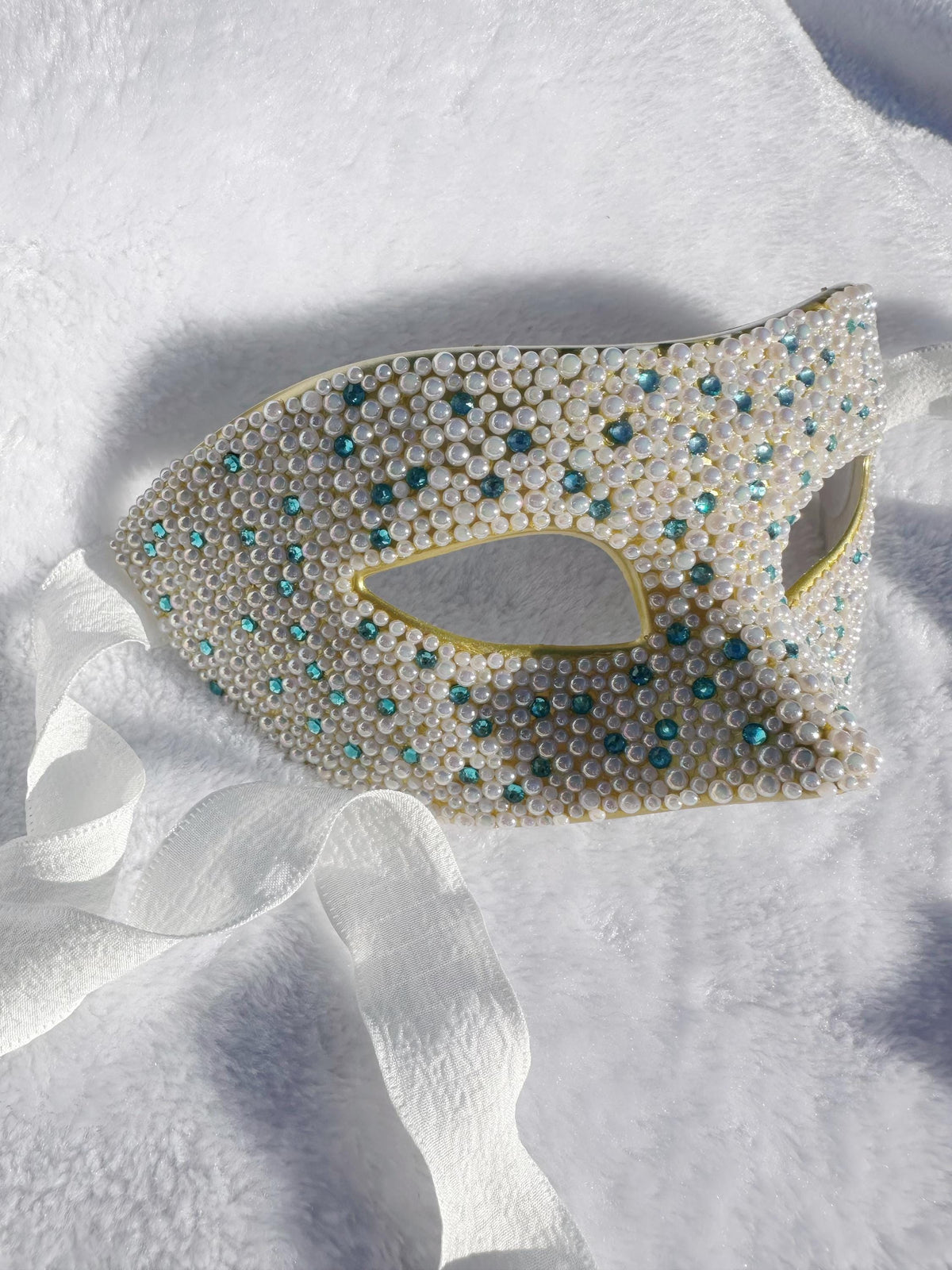 White Masquerade Mask with blue butterfly Venetian Style Mardi Gras Ball