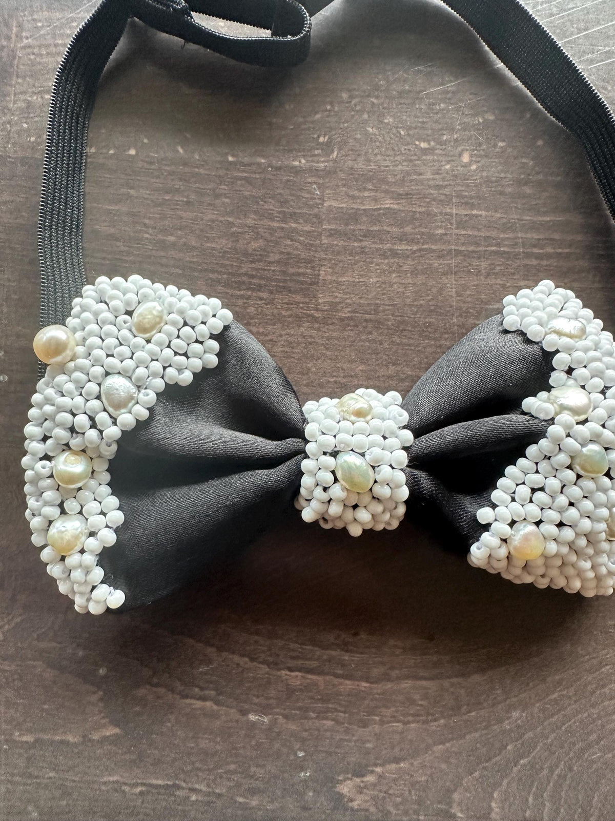 Handmade Bow Tie,white glass beads and freshwater pearls Bow tie, Elegant Formal Neckwear, Wedding Groom Bow Tie,Statement Fashion Accessory