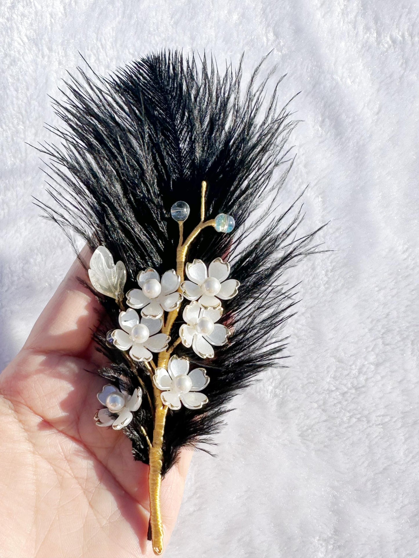 Handmade brooch, white color cherry blossom flowers and Ostrich feather brooch, size 7”x3”