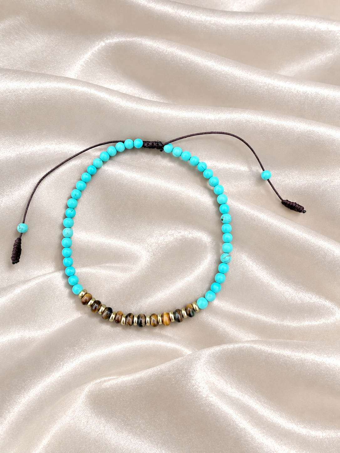Handmade Bracelet for HIM OR HER. Made with 3mm turquoise, 2x3mm yellow tiger’s eye. 14K Gold Plated Spacer Beads, Adjustable knotted Cord