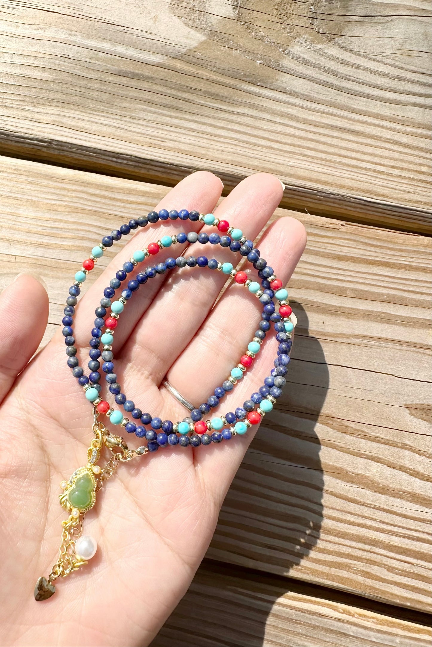 925 Sterling Silver gold plated with main stone 3mm Lapis Lazuli, Coral , Turquoise, Coral , made three row bracelet and 18inch length necklace ( two in one)