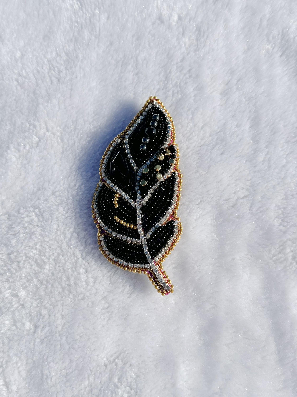 Beaded brooch, black color feather brooch, with seed beads and gemstones bead, size 4” x 2”