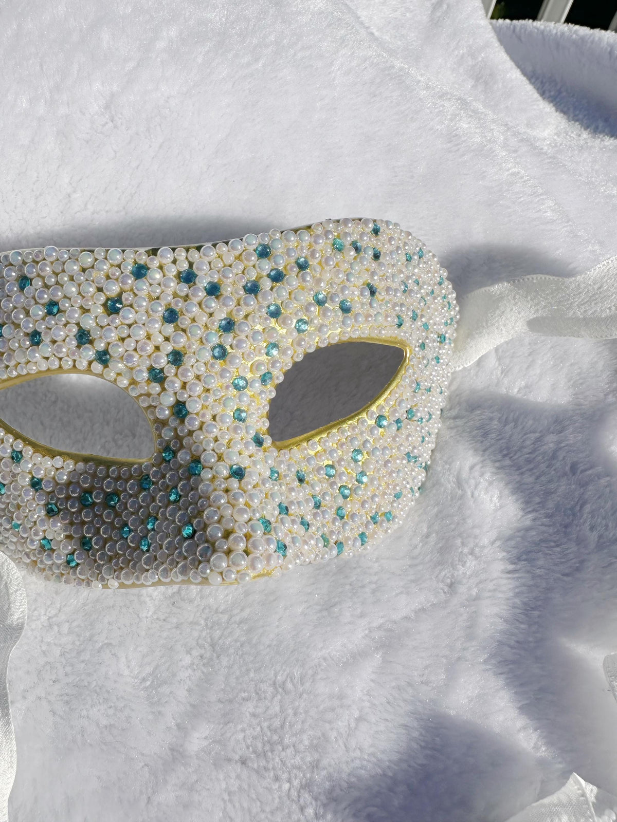 White Masquerade Mask with blue butterfly Venetian Style Mardi Gras Ball