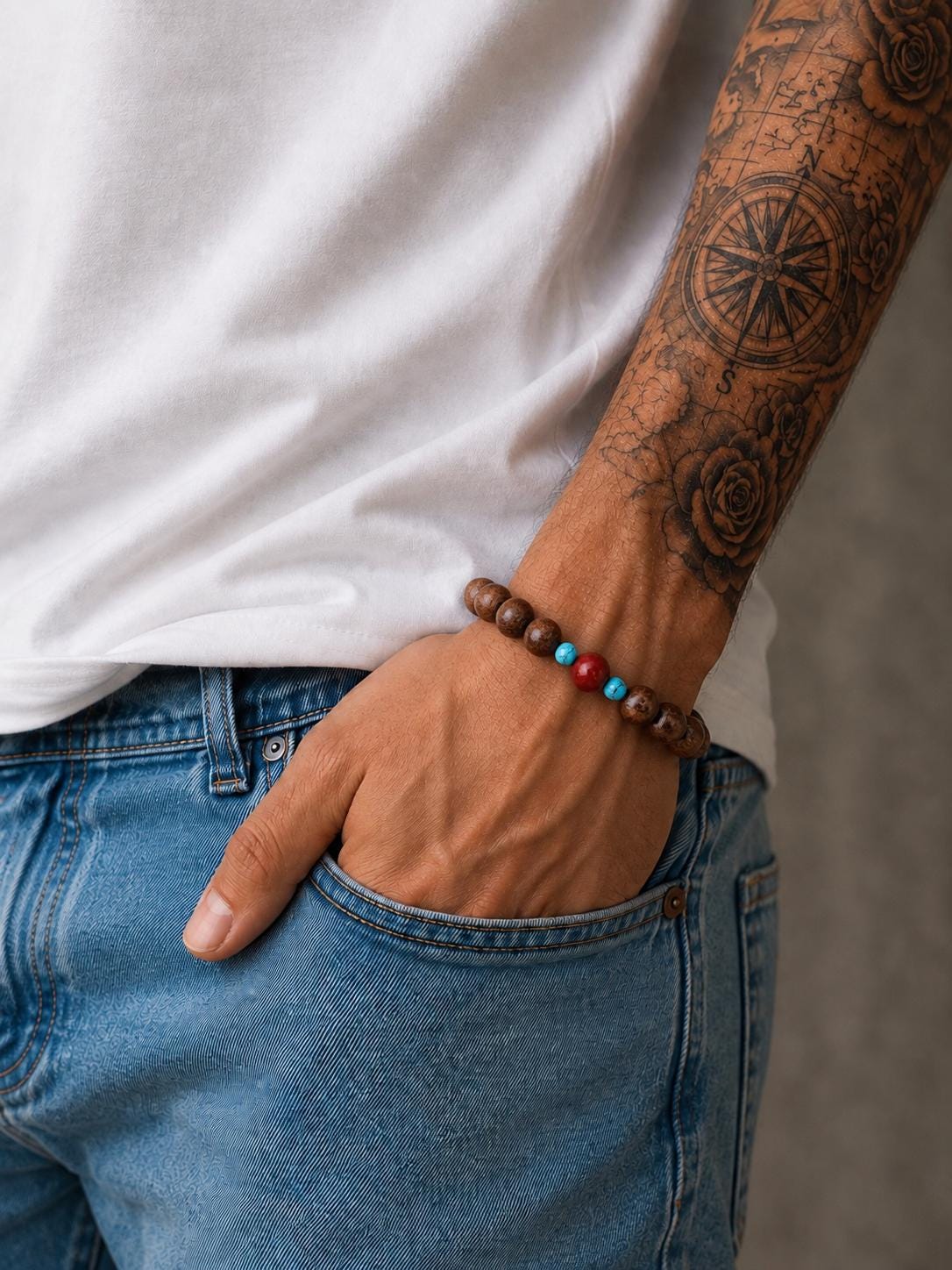 Handmade Bracelet for HIM AND HER. Made it with 8mm sandalwood and red coral, 4mm turquoise. Adjustable Knotted cord
