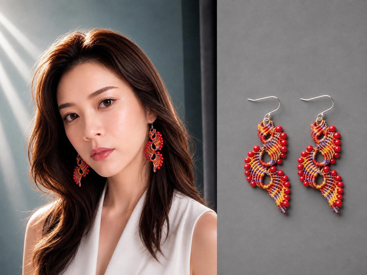 Handmade  Macrame Earrings peacock tail with coral beads and 925 sterling silver hooks