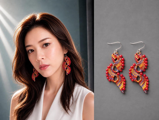 Handmade  Macrame Earrings peacock tail with coral beads and 925 sterling silver hooks