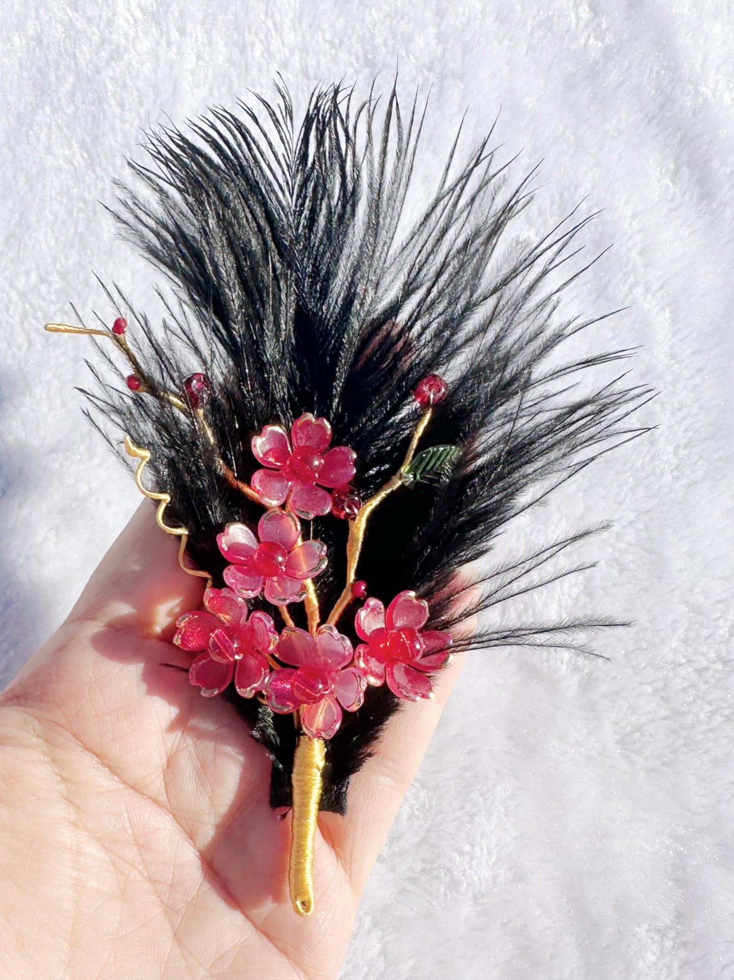 Handmade  brooch, red color cherry blossom flowers and Ostrich feather brooch, size 6”x3”