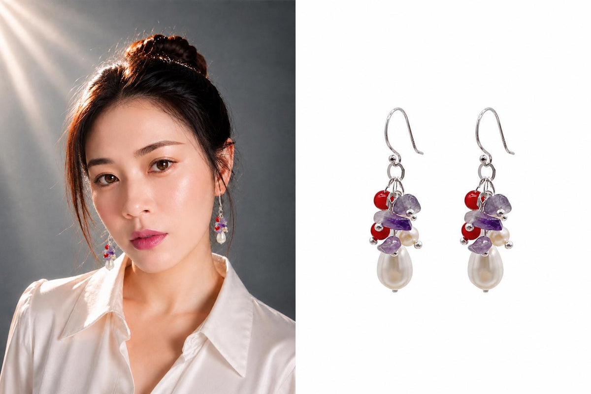 Dangle Earrings,  925 Sterling Silver  Hook with Swarovski pearls and red coral, Amethyst