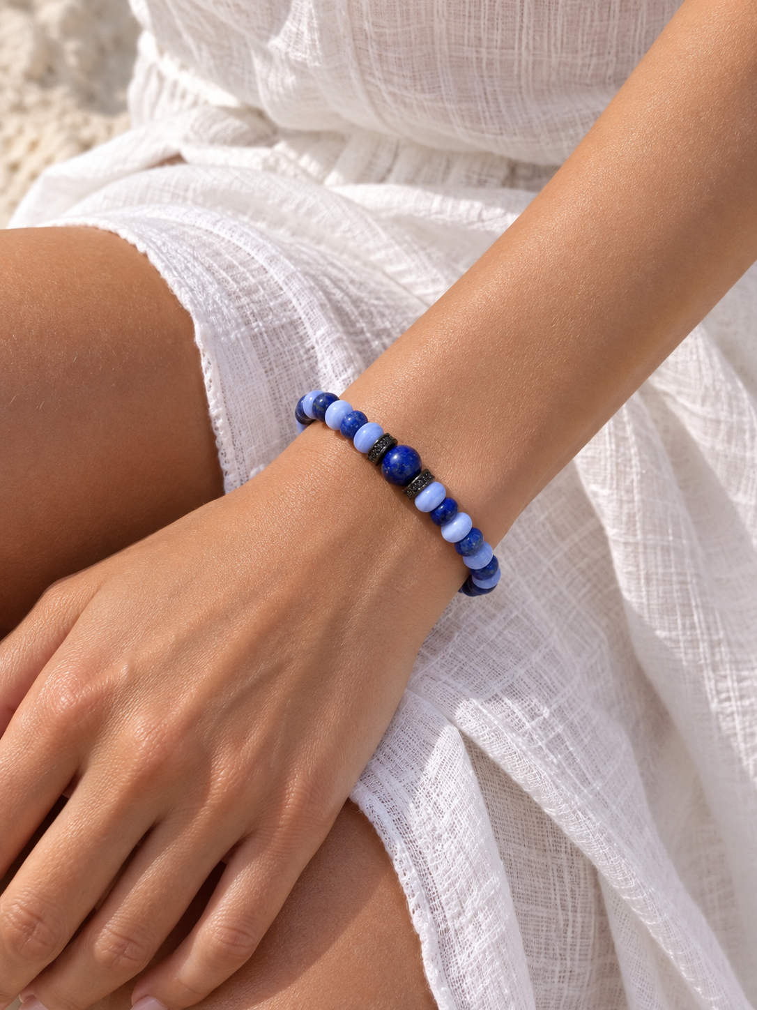 Handmade Bracelet for HIM OR HER. Made with black agate, lapis lazuli, blue lace agate. Zircon Rhinestone Beads, Adjustable knotted Cord