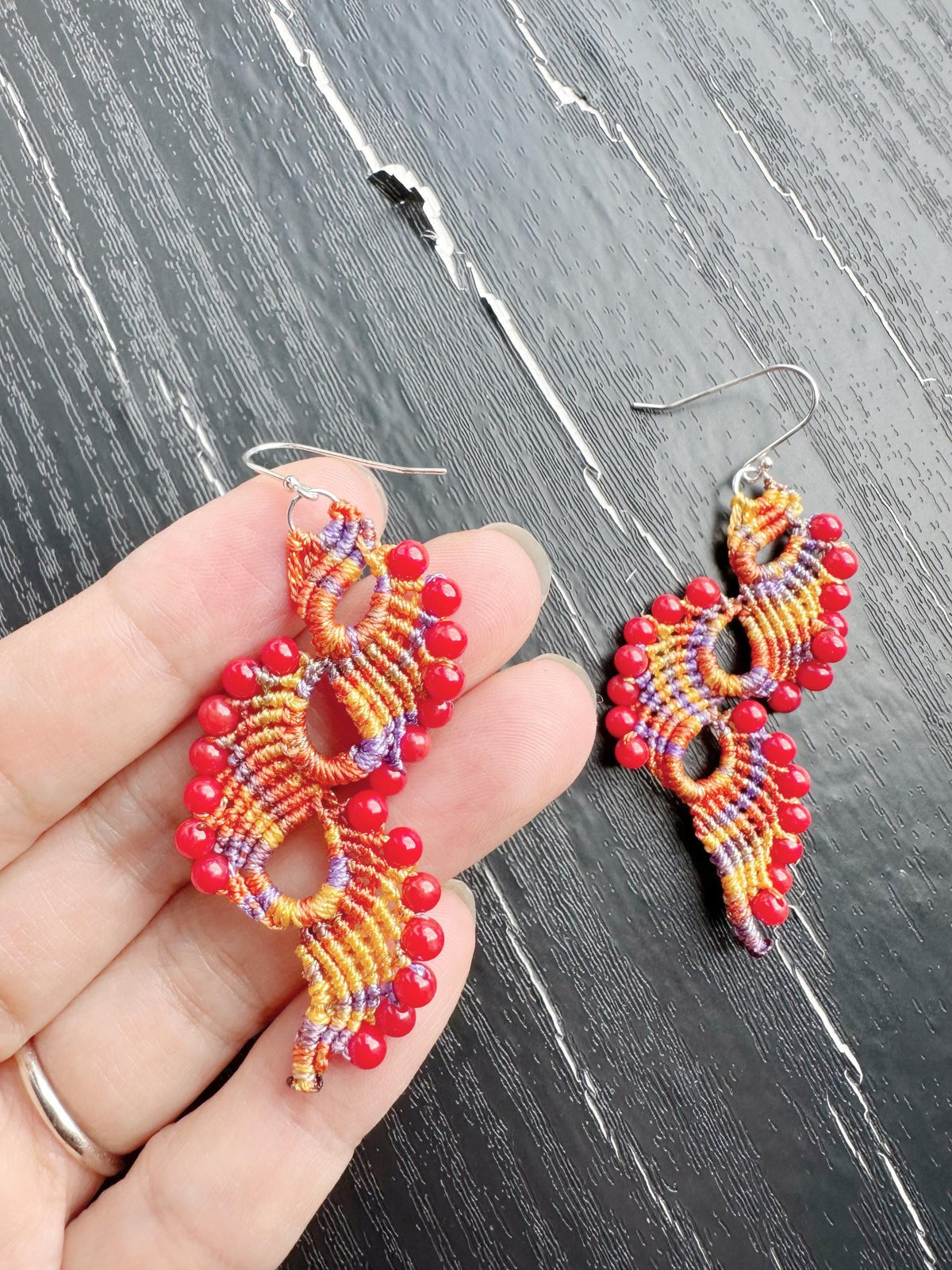 Handmade  Macrame Earrings peacock tail with coral beads and 925 sterling silver hooks