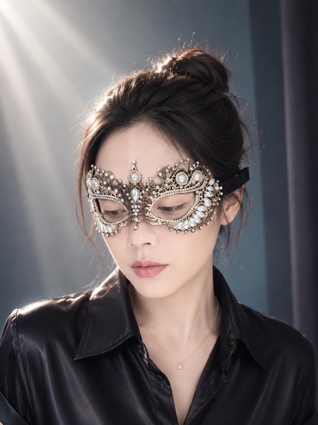 Copper and Black color Lace Masquerade Mask, Embroidered Party Mask with white Resin beads and rhinestone, party mask