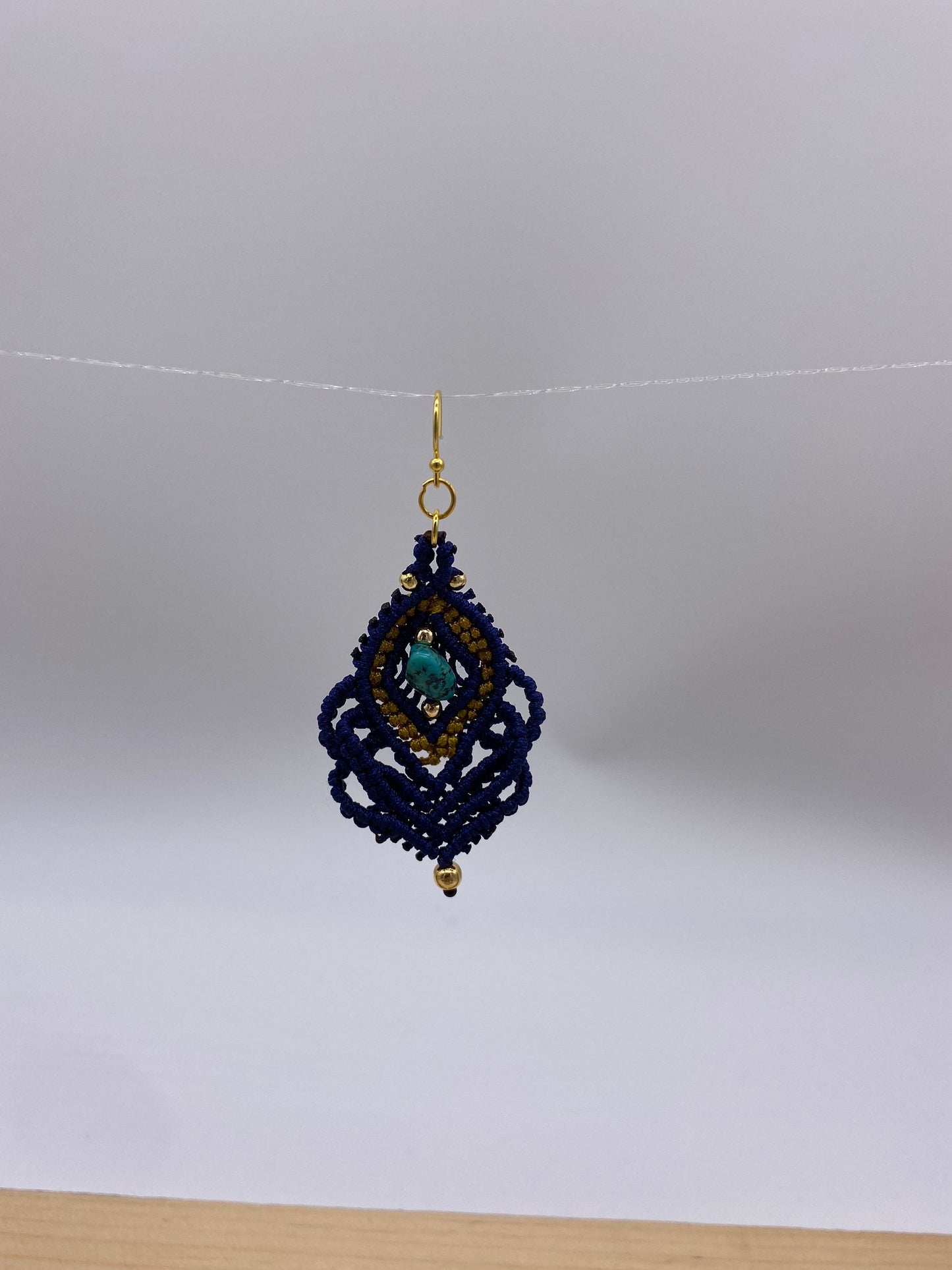 Navy Macrame Earrings: Turquoise Stone, Gold Plated Hooks