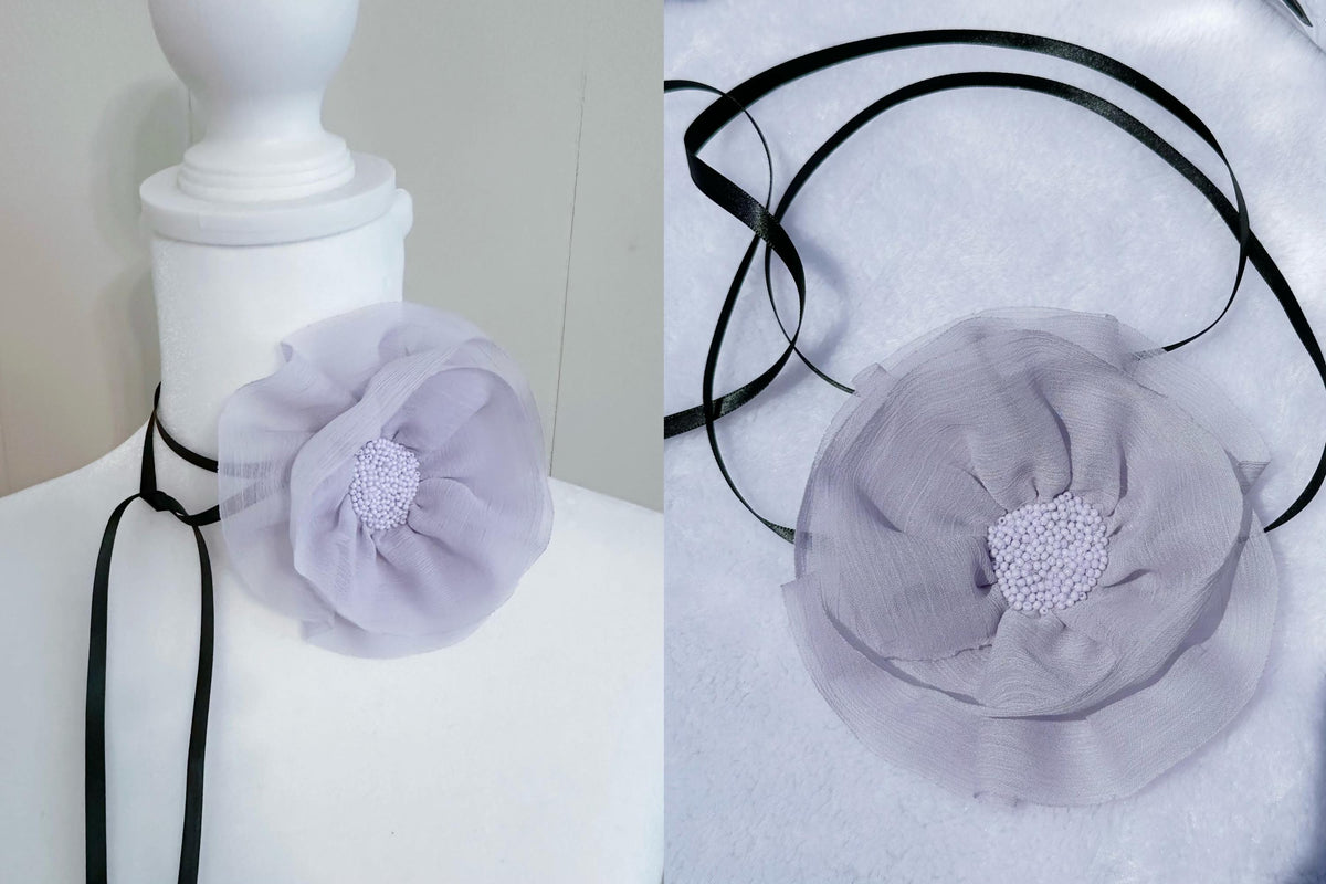 Handmade Peach Ribbon Flower Choker: Black Velvet Vintage Necklace