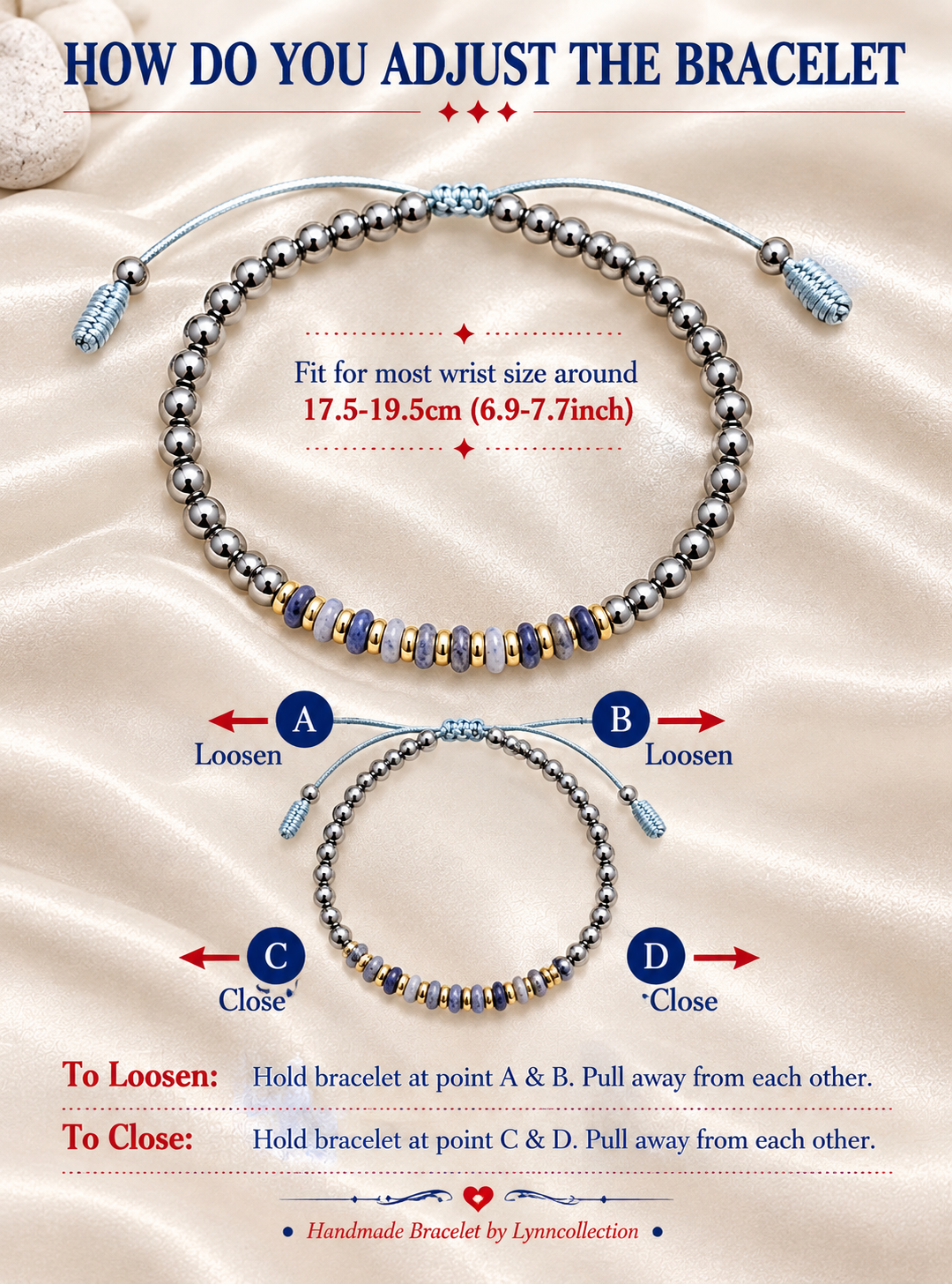Handmade Bracelet for HIM OR HER. Made with 4mm Black Hematite, 2x4mm Blue White Sodalite, 14k gold plated spacer, Adjustable knotted Cord