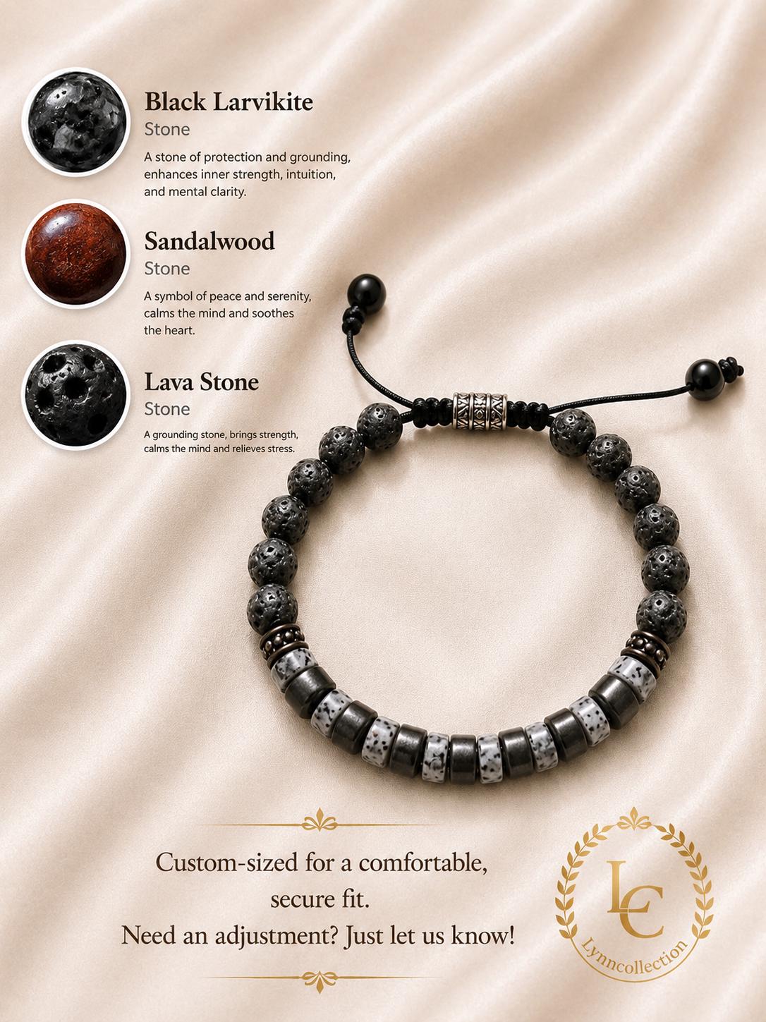 Lava Stone Beaded Bracelet for Men and Women – Black Larvikite,  Lava Stone, Natural Ebony Wood, Beads Size: 6mm, Adjustable Length