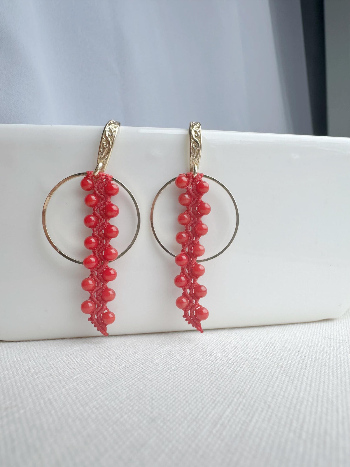 Red Coral Macrame Earrings, Gold Plated, Handmade Crochet