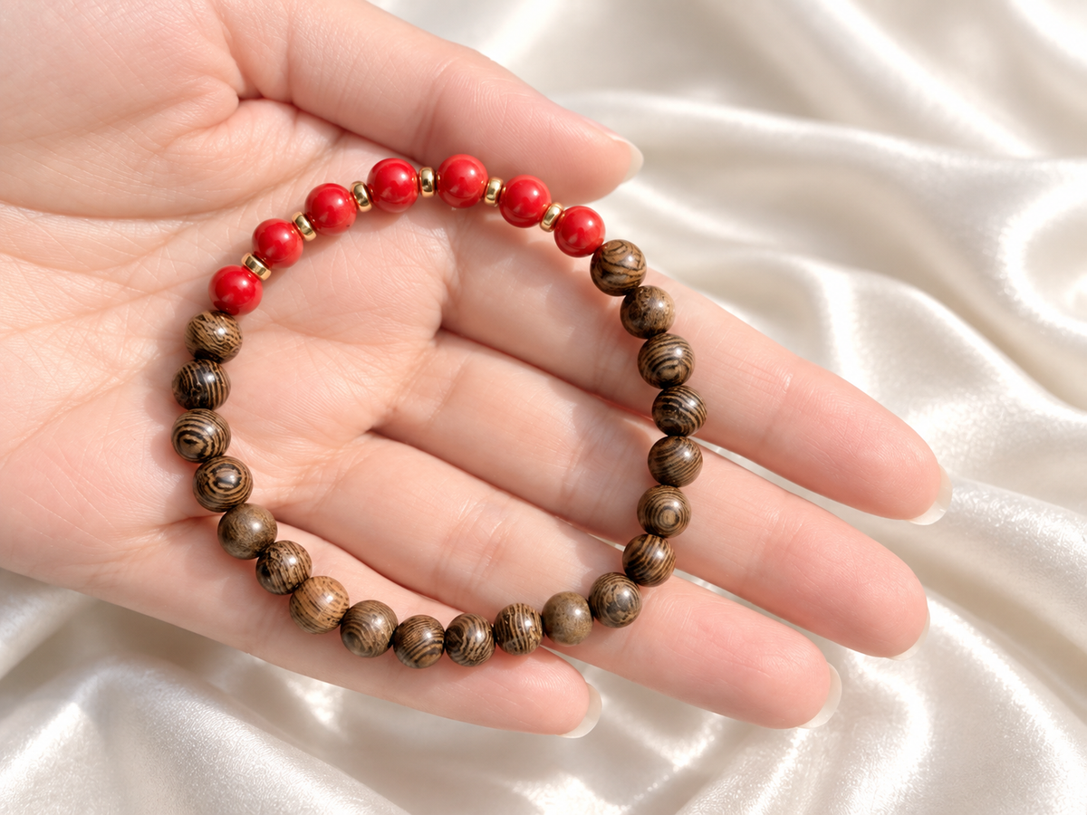 Bracelet for HIM AND HER, Made it with 6mm Sandalwoods and 6mm nurture Corals with Elastic stretch cord, with 14k gold plated space