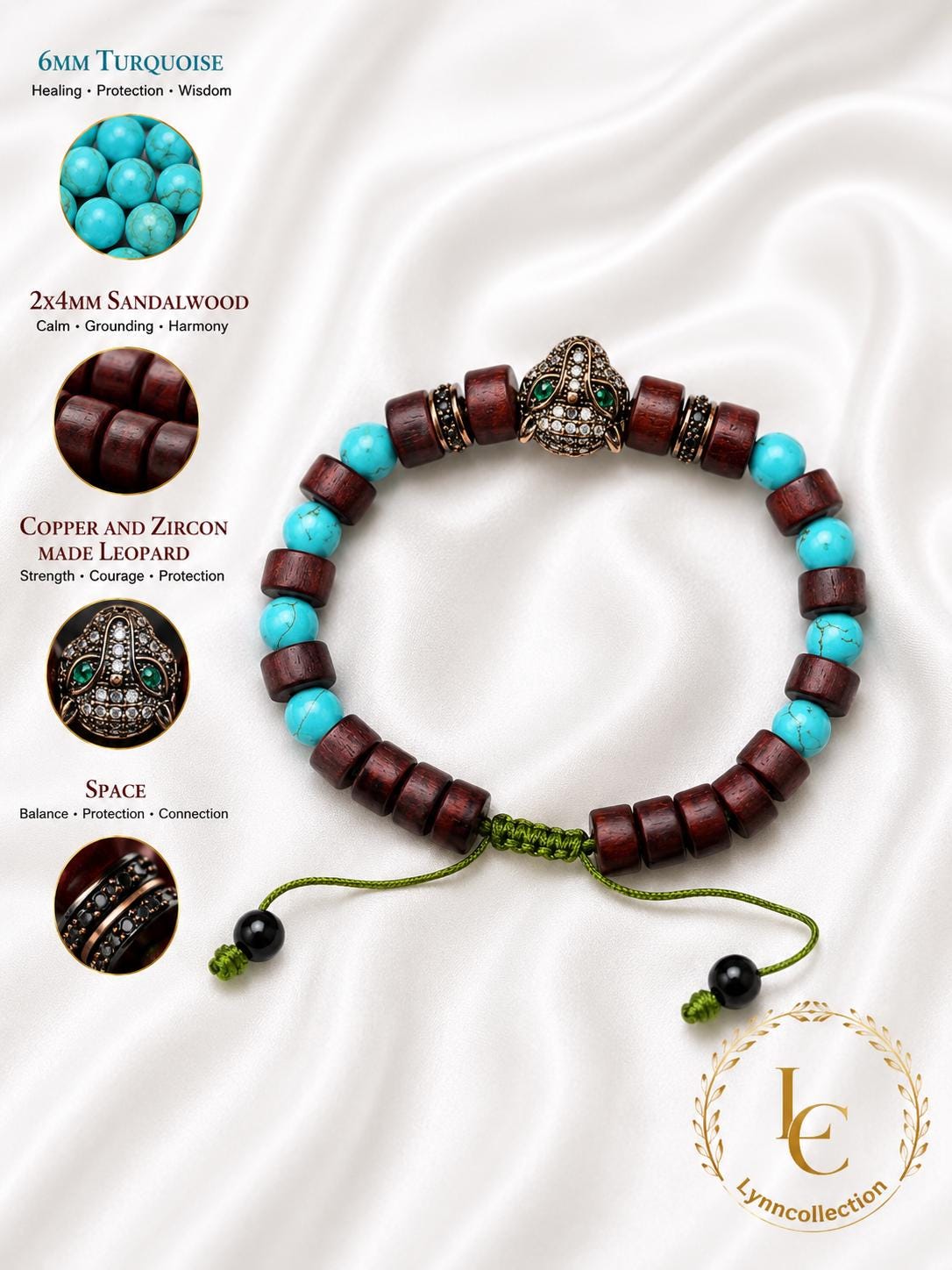 Gemstone Bracelet for HIM OR HER. Made it with 6mm turquoise, 2x6mm sandalwood . Adjustable Knotted Cord