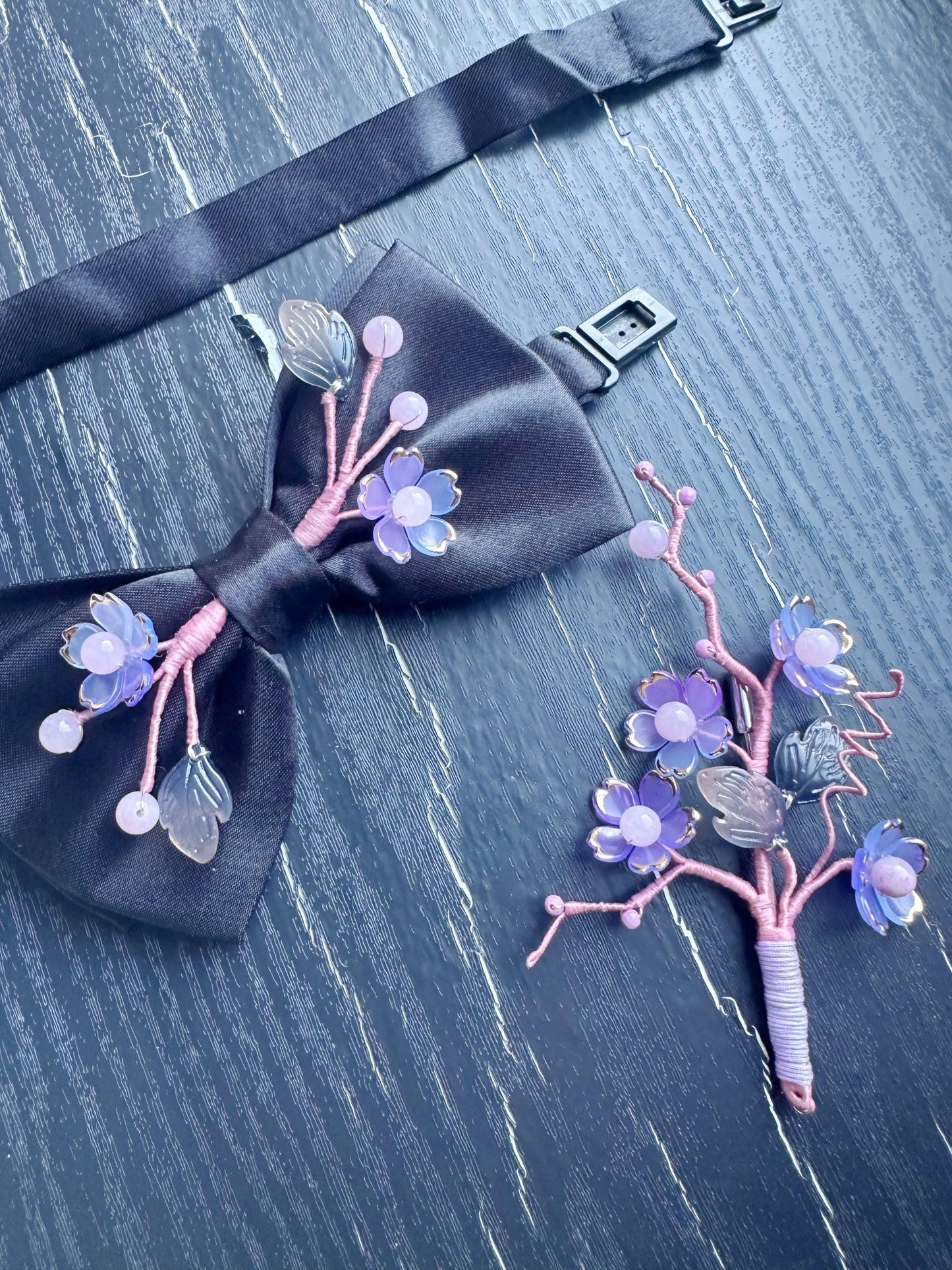 Handmade Bow Tie and brooch set for women Men,Boys – Black Satin Bow Tie flowers Blossom Branch – Asian Inspired Wedding Formal Accessory