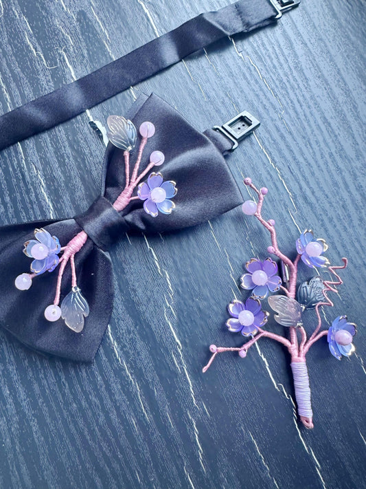 Handmade Bow Tie and brooch set for women Men,Boys – Black Satin Bow Tie flowers Blossom Branch – Asian Inspired Wedding Formal Accessory