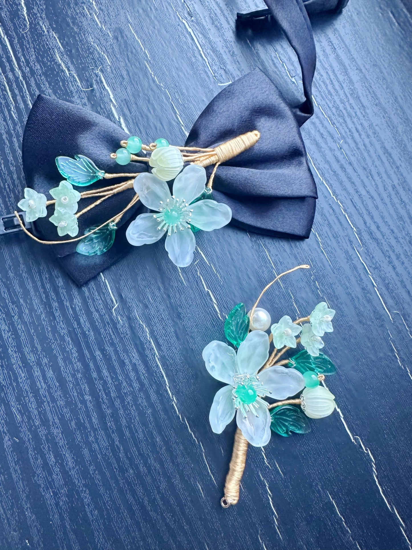 Handmade Bow Tie and brooch set for Women, Men,Boys – Black Satin Bow Tie flowers Blossom Branch – Asian Inspired Wedding Formal Accessory