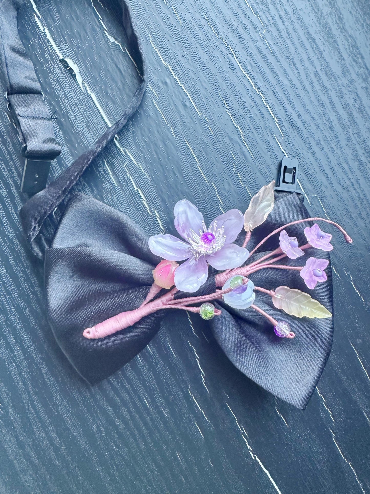 Handmade Bow Tie for women Men,Boys – Black Satin Bow Tie with Purple flower Blossom Branch – Asian Inspired Wedding Formal Accessory