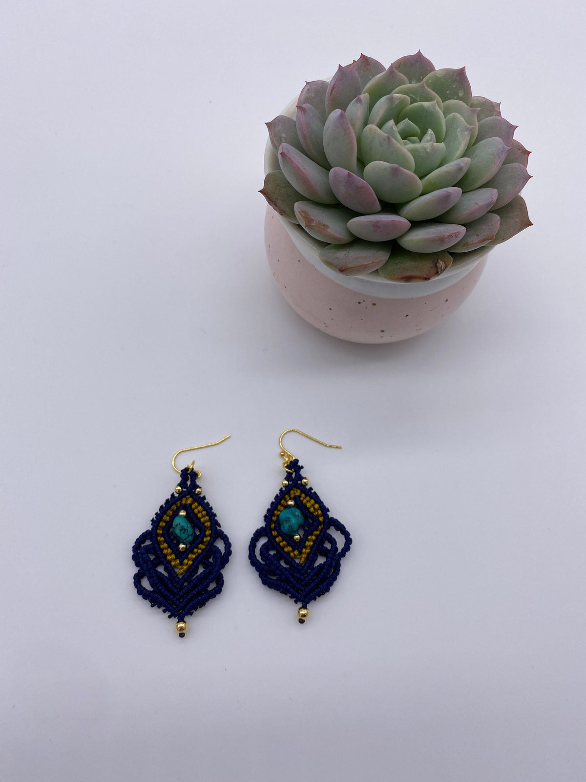 Navy Macrame Earrings: Turquoise Stone, Gold Plated Hooks