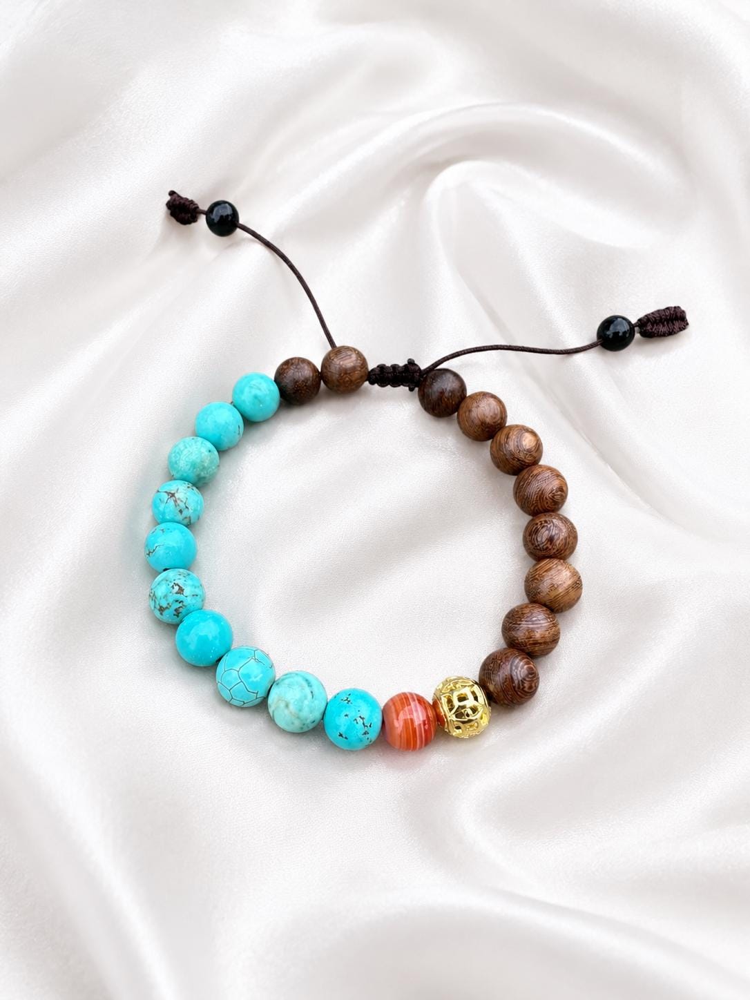 Beaded Bracelet , 8mm turquoise, sandalwood made Bracelet – adjustable Knotted Bracelet for HIM & HER.