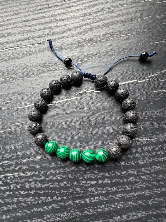 Bracelet For Men Natural Stone Beads 8mm Lava Rock with 5 pieces Malachite in the middle with Stretch Bracelets Adjustable Bracelet for Men