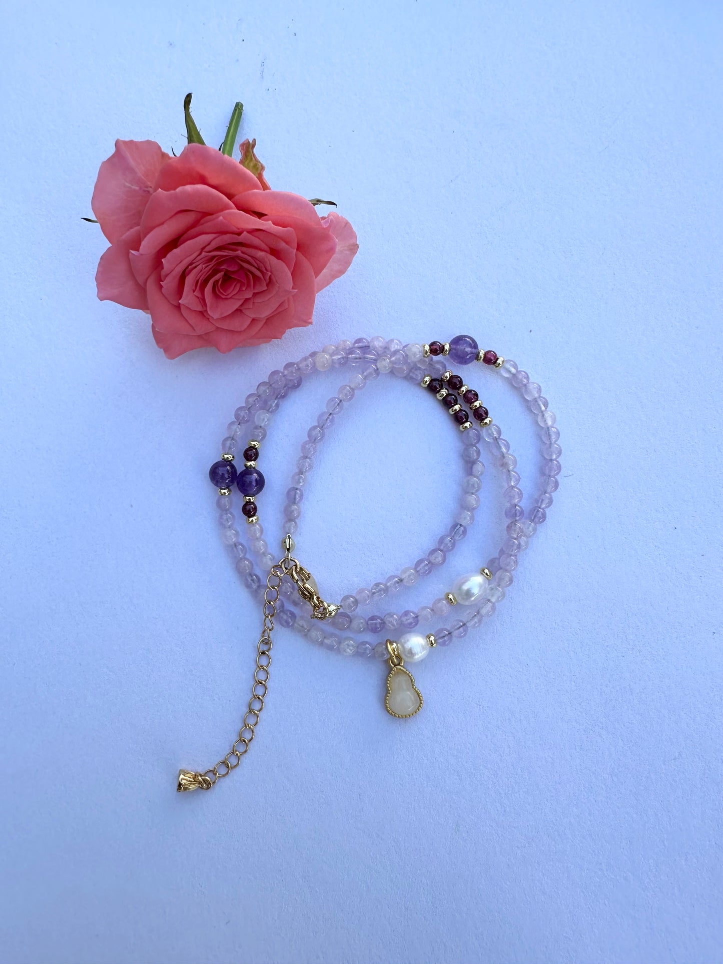 925 Sterling Silver gold plated with Natural Lavender Amethyst three row bracelet and necklace ( two in one)