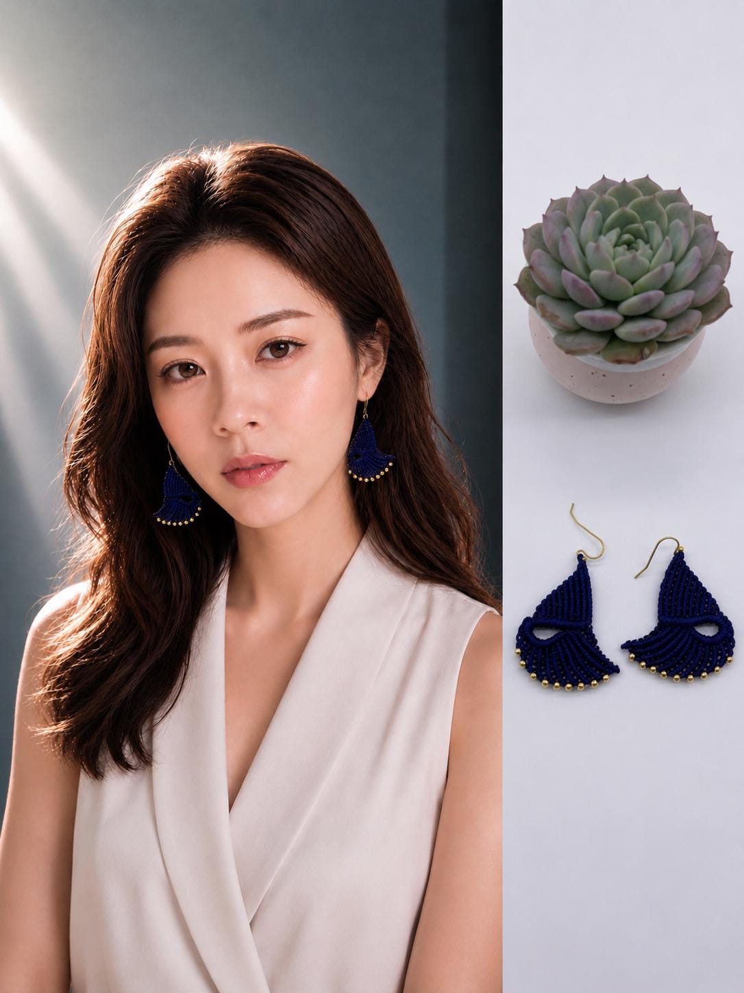 Navy Macrame Dangle Earrings: Bohemian Tribal Jewelry