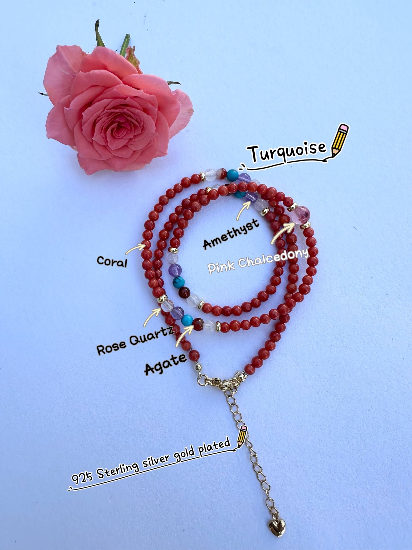 925 Sterling Silver gold plated with main stone 3mm Turquoisen Coral , 3mm Lapis Lazuli, made three row bracelet and 18inch length necklace ( two in one)