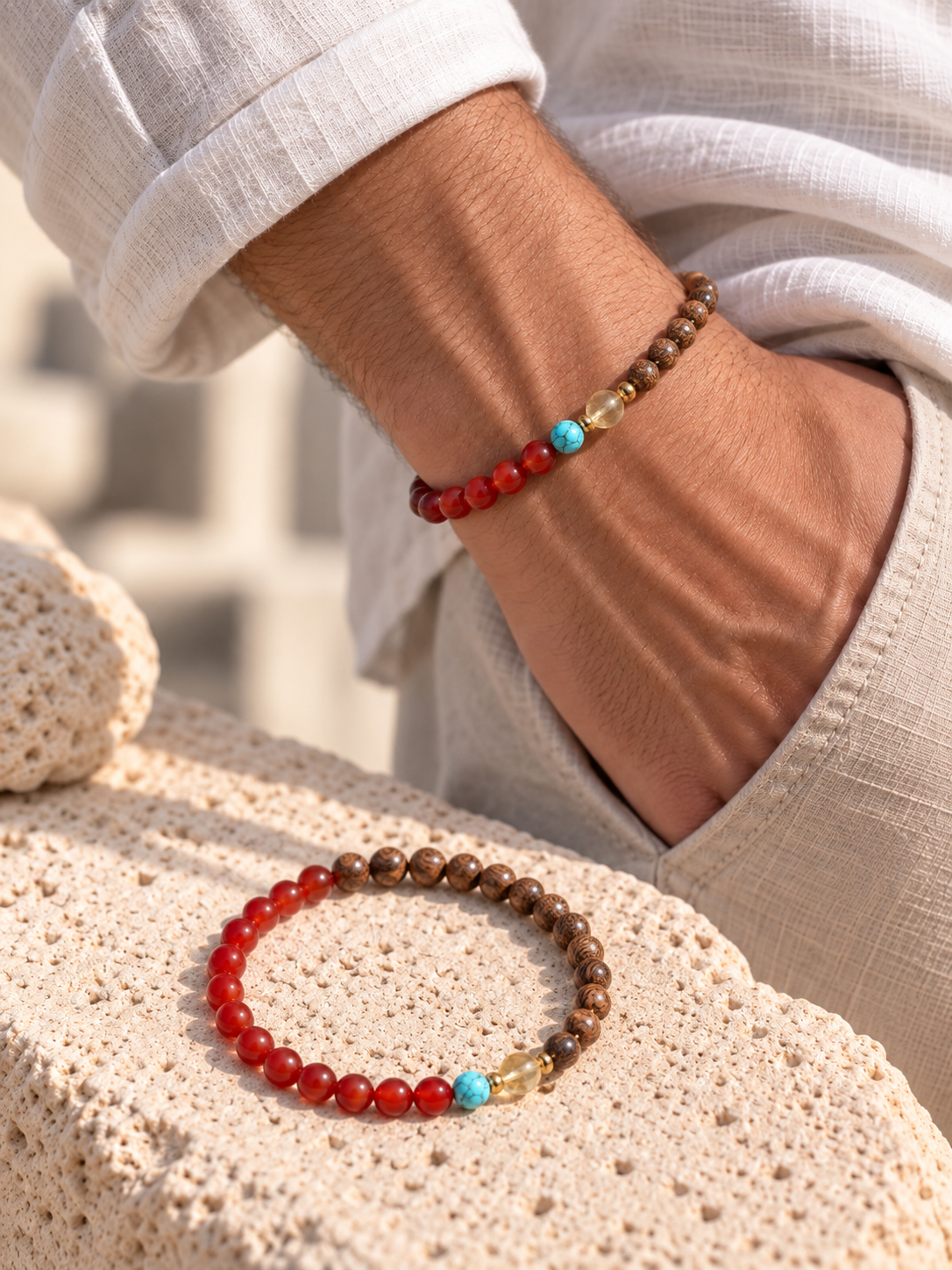 Bracelet for HIM AND HER, Made it with 6mm  Sandalwoods and 6mm nurture Red agate, 1pc Turquoise,1pc citrine crystalwith Elastic stretch cord