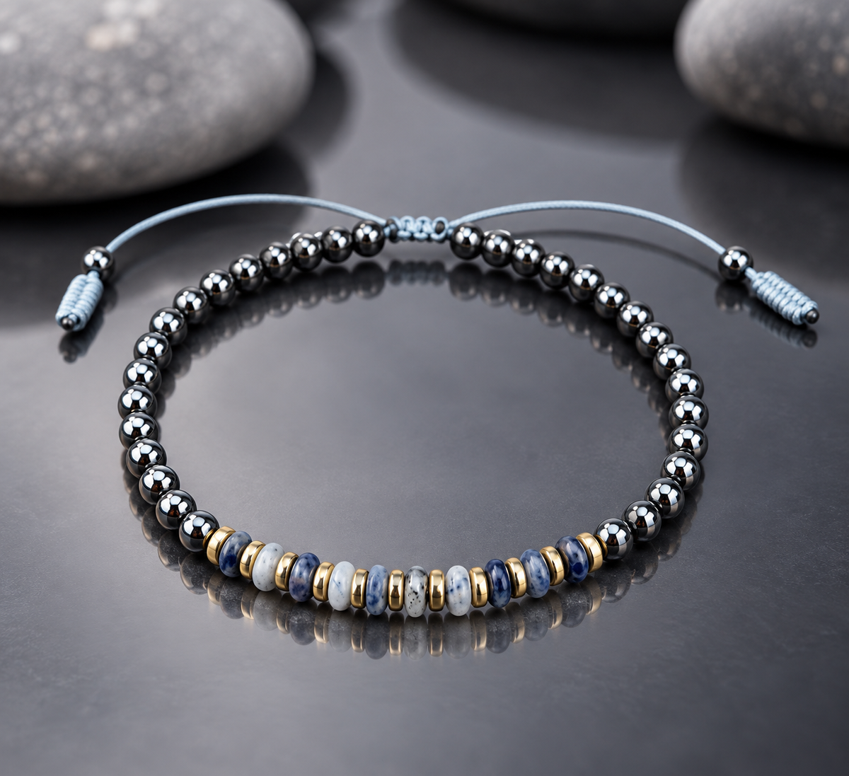 Handmade Bracelet for HIM OR HER. Made with 4mm Black Hematite, 2x4mm Blue White Sodalite, 14k gold plated spacer, Adjustable knotted Cord