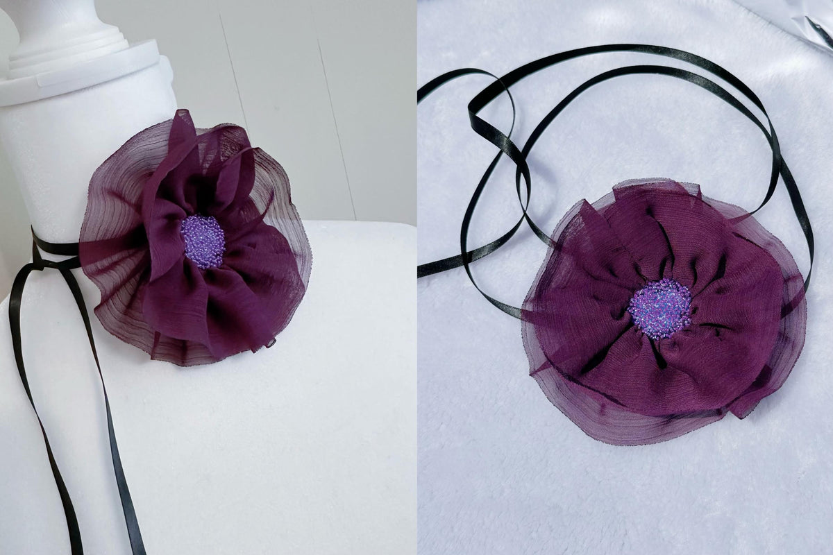 Handmade Peach Ribbon Flower Choker: Black Velvet Vintage Necklace