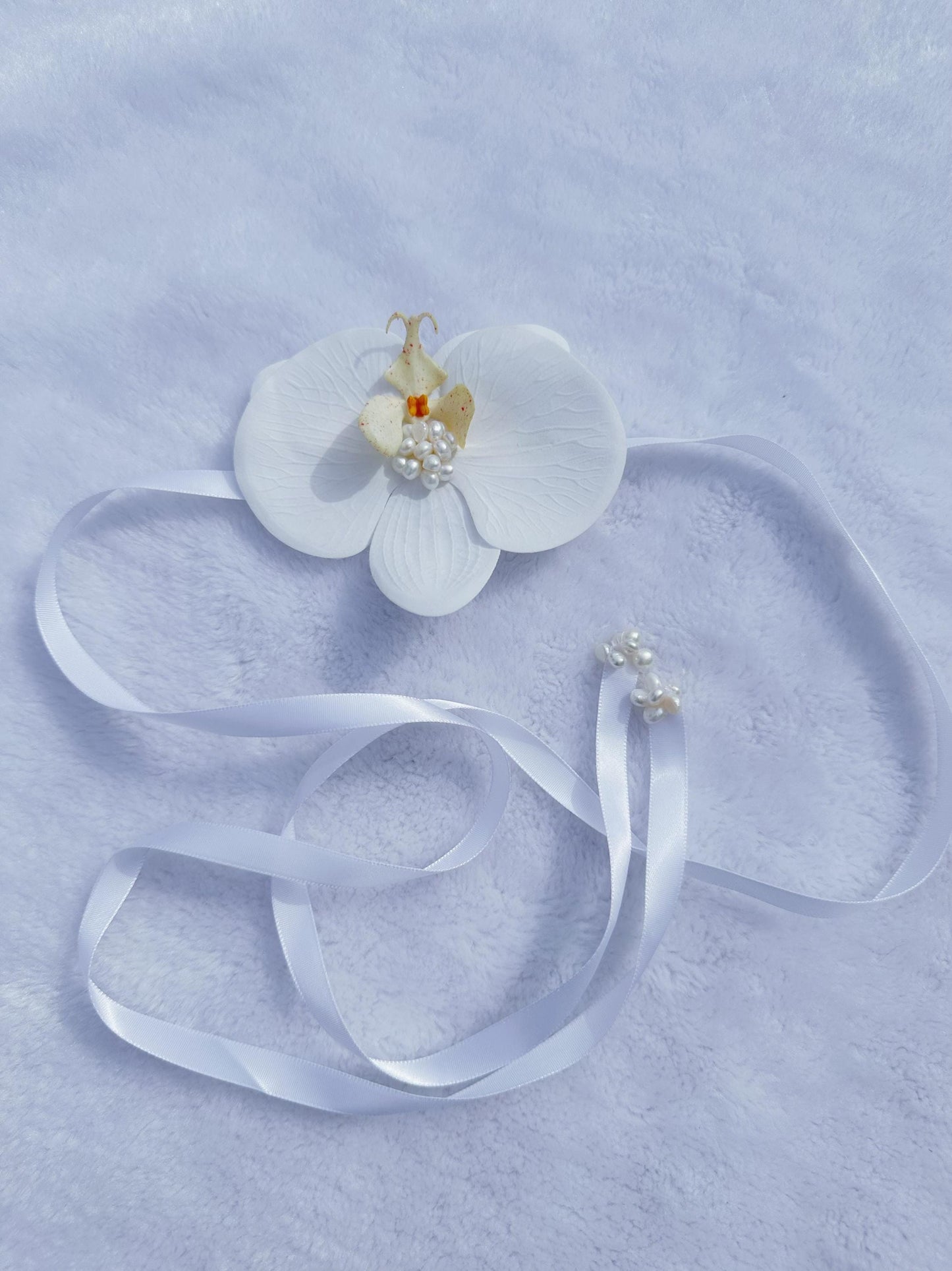 Handmade Ivory Orchid Choker: Gold Beads, Freshwater Pearl Ribbon
