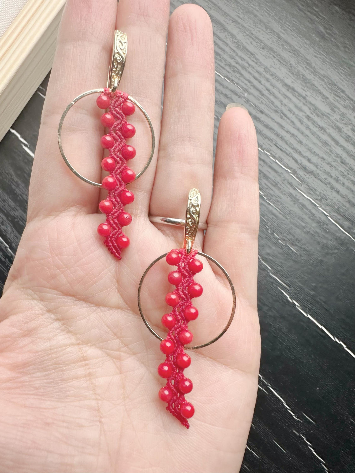 Red Coral Macrame Earrings, Gold Plated, Handmade Crochet