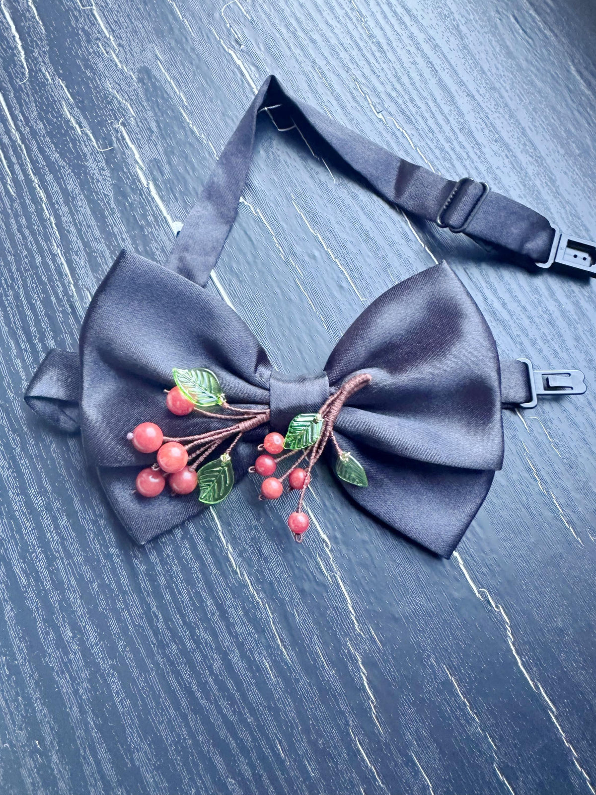 Handmade Bow Tie for women Men,Boys – Black Satin Bow Tie with Red Coral beads made Cherry Blossom Branch – Asian Inspired Formal Accessory
