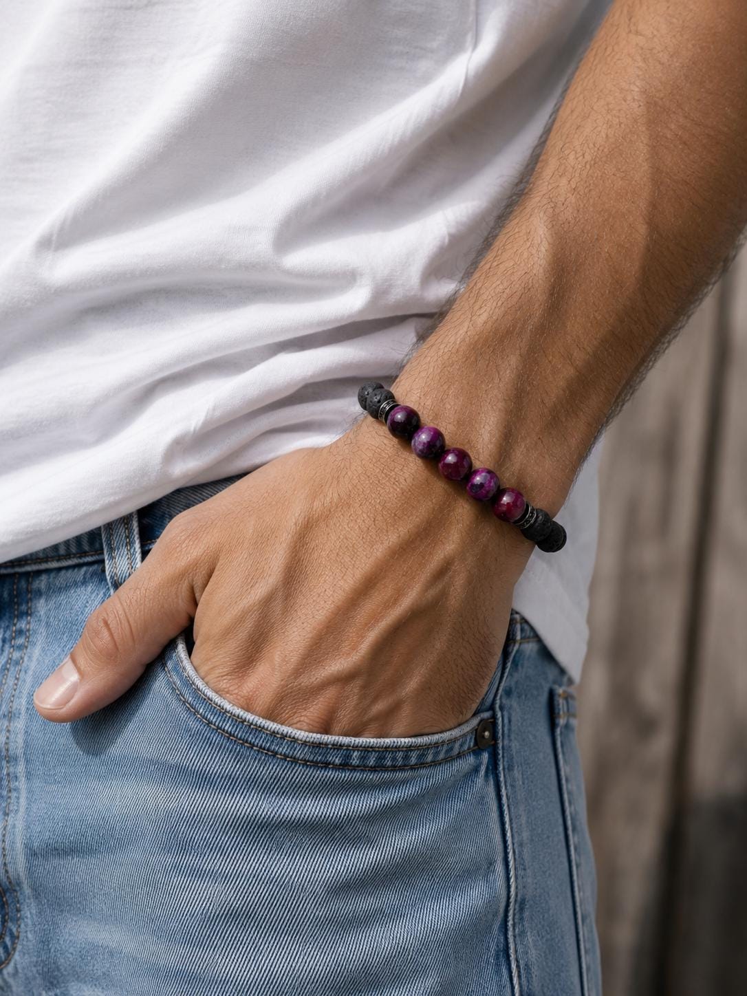 Gemstone Bracelet for HIM OR HER. Black Lava Stone & Purple Tiger Eye Bracelet , Elastic Stretch Cord Gemstone Bracelet