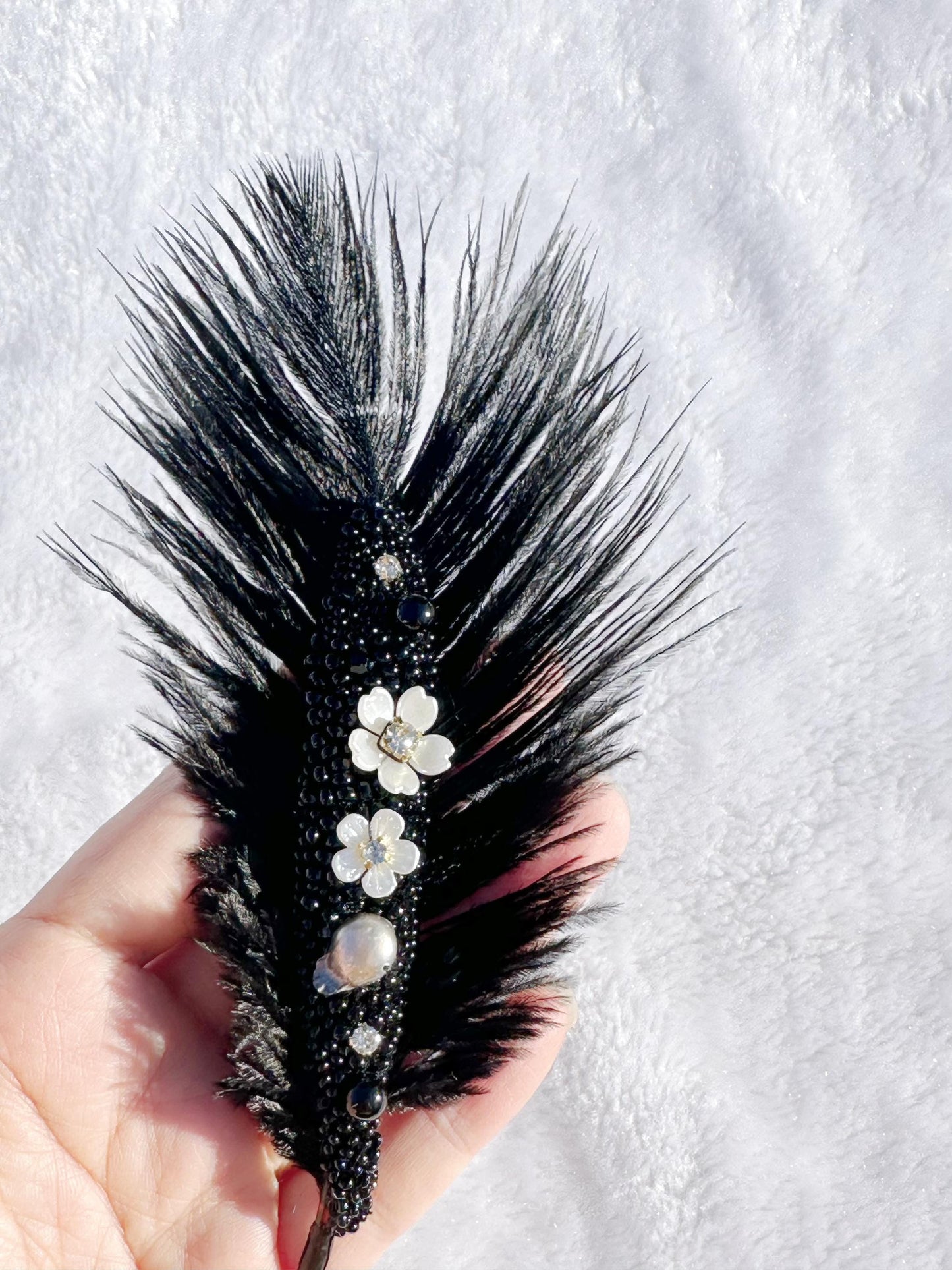Handmade brooch, beaded and Ostrich feather brooch, size 7”x3”