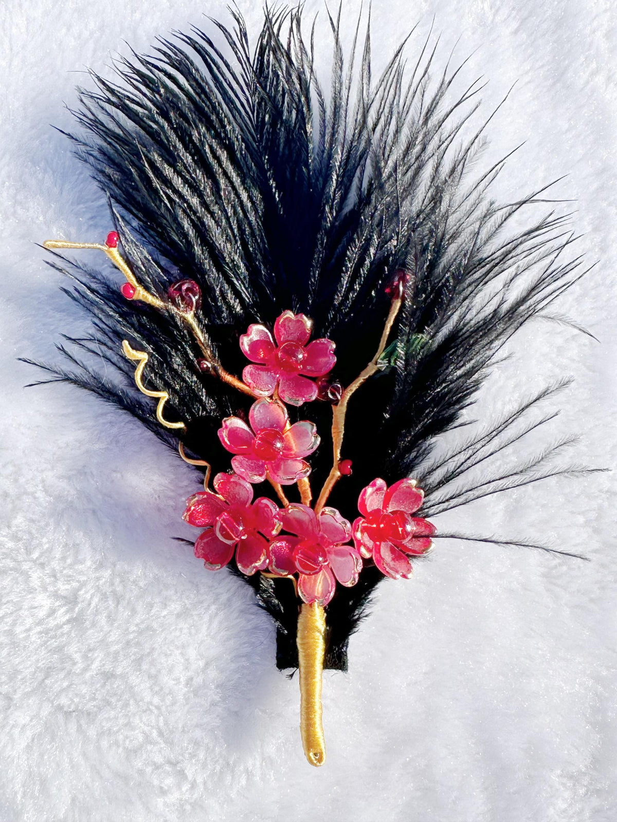 Handmade  brooch, red color cherry blossom flowers and Ostrich feather brooch, size 6”x3”
