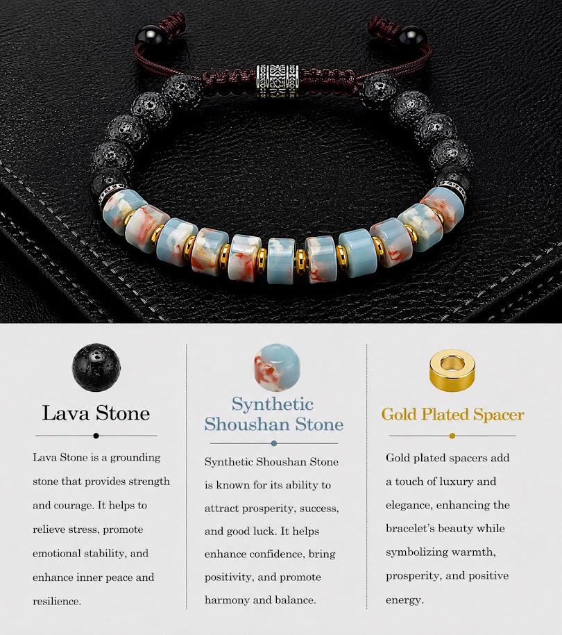 Lava Stone Beaded Bracelet for Men and Women – Synthetic Shousan Stone, Lava Stone , 14k gold plated space   -Adjustable