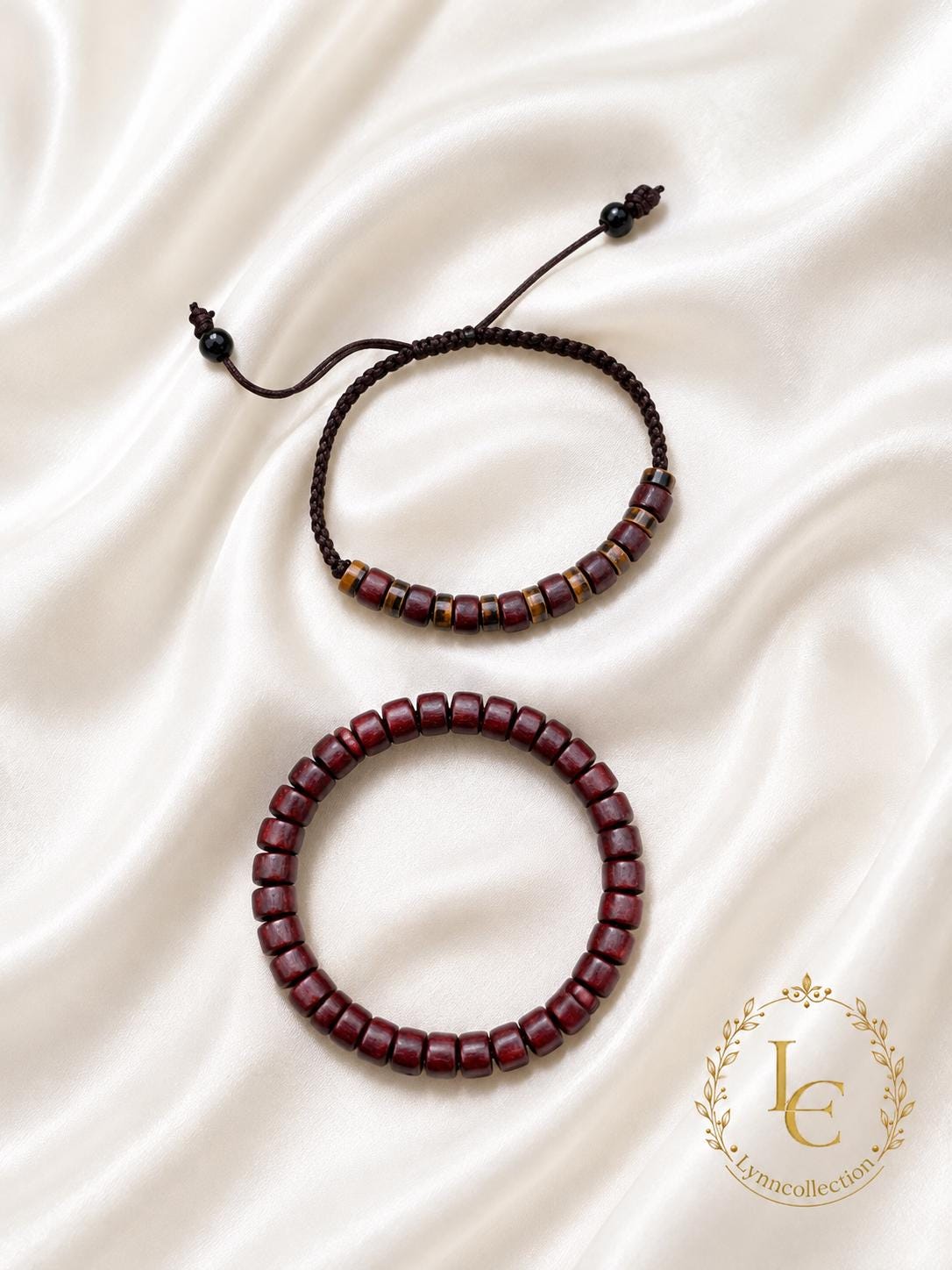 Bracelet for Him and Her, Yellow Tiger’s eye and sandalwood, Adjustable knot, two pieces bracelet