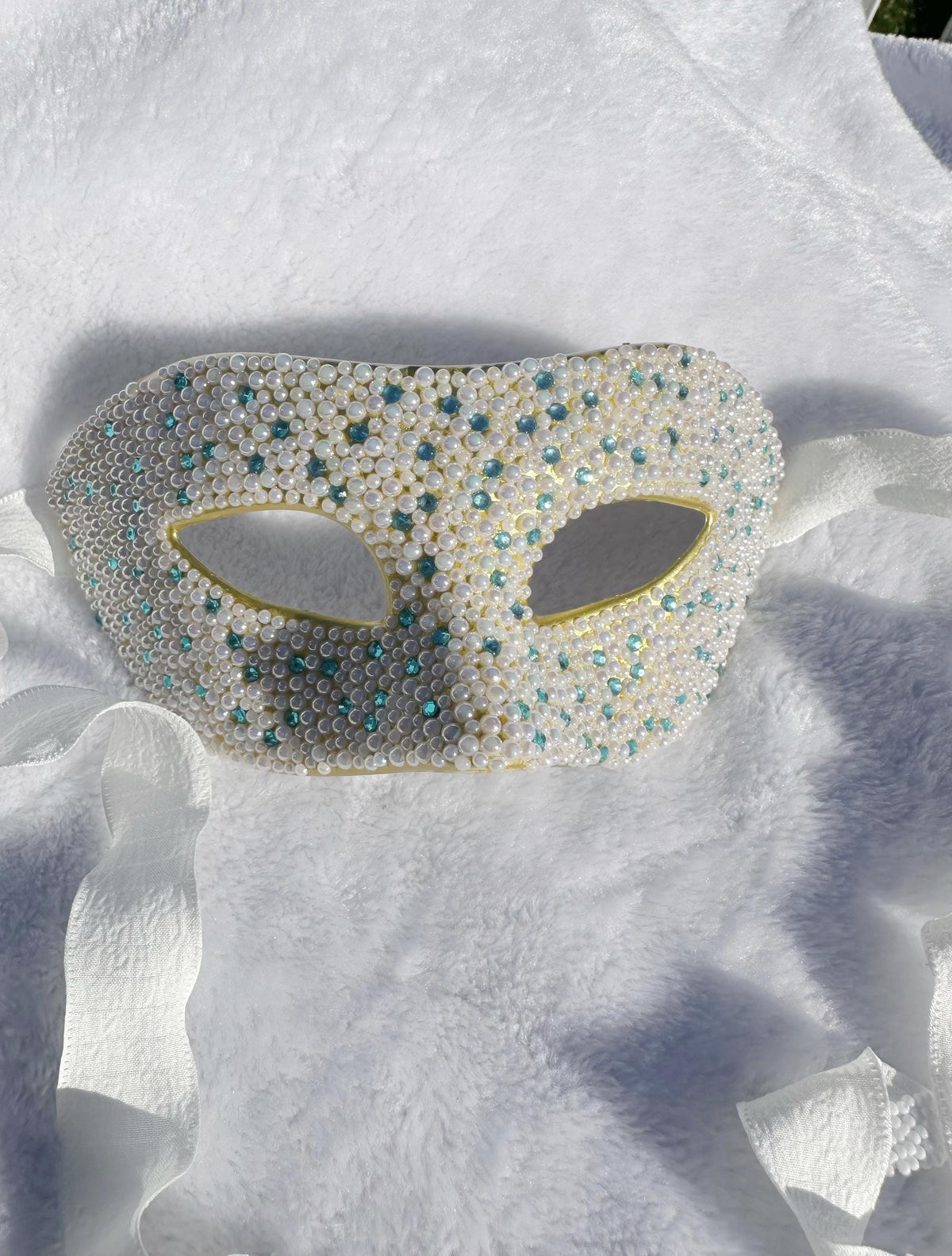 White Masquerade Mask with blue butterfly Venetian Style Mardi Gras Ball