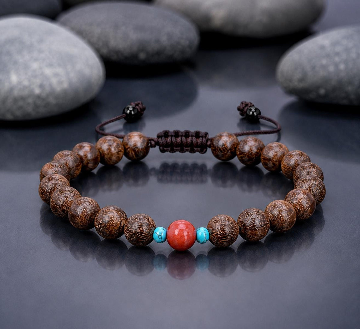 Handmade Bracelet for HIM AND HER. Made it with 8mm sandalwood and red coral, 4mm turquoise. Adjustable Knotted cord