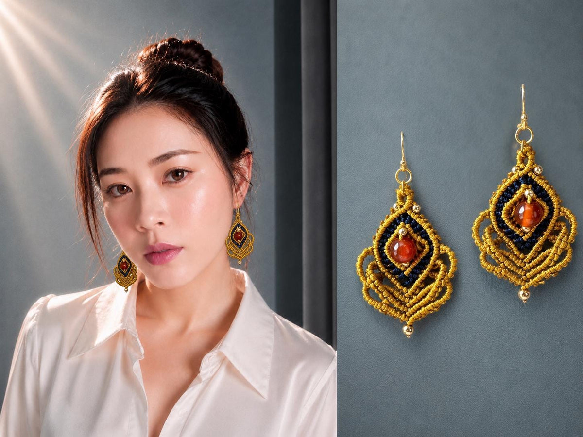 Handmade Macrame Dangle Earrings: Bohemian Gold Plated Hooks
